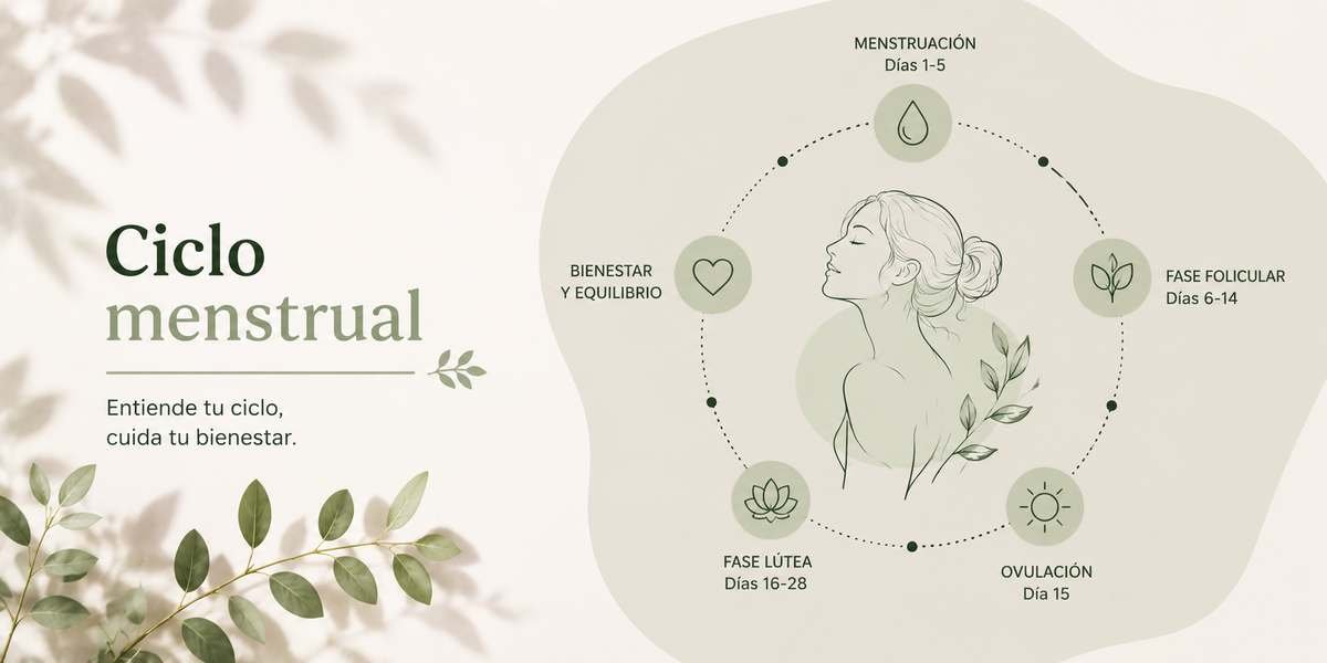 Esquema de las cuatro fases del ciclo menstrual alrededor de la ilustracion de una mujer, con el titulo Ciclo menstrual
