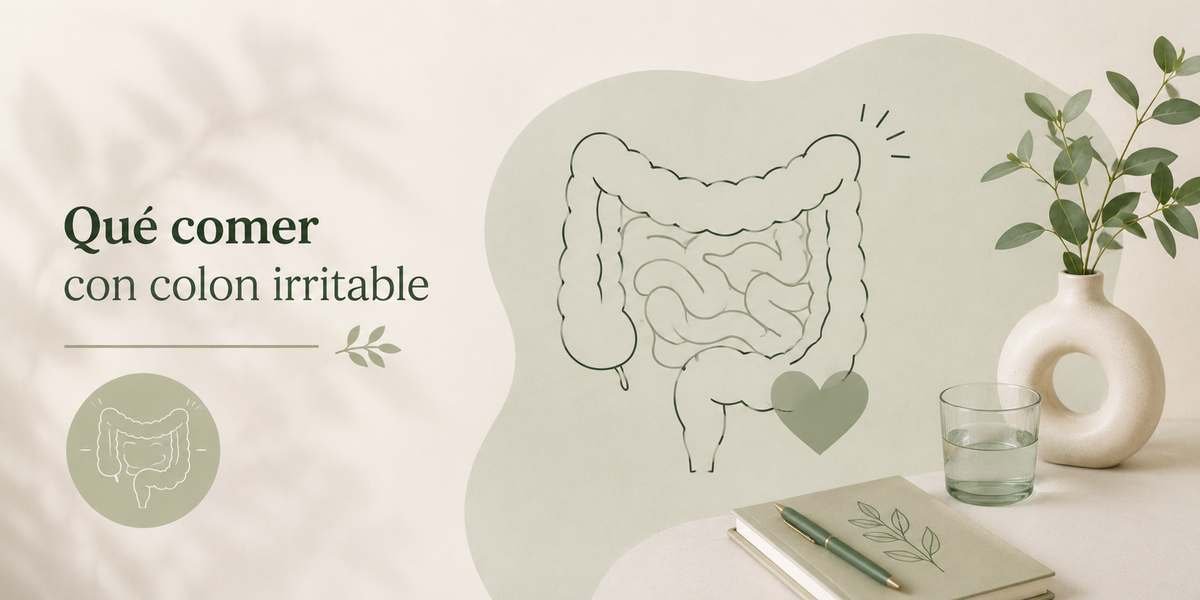 Ilustracion de un intestino rodeado de hojas, con el titulo Que comer con colon irritable