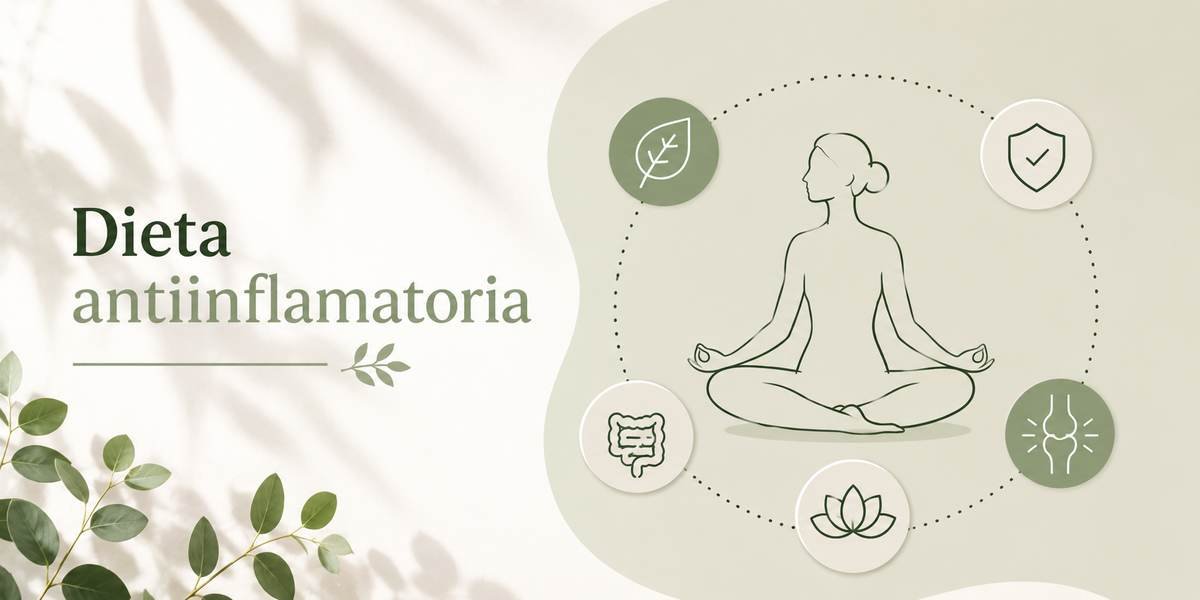 Ilustracion de una mujer sentada en posicion de meditacion rodeada de iconos de bienestar, con el titulo Dieta antiinflamatoria