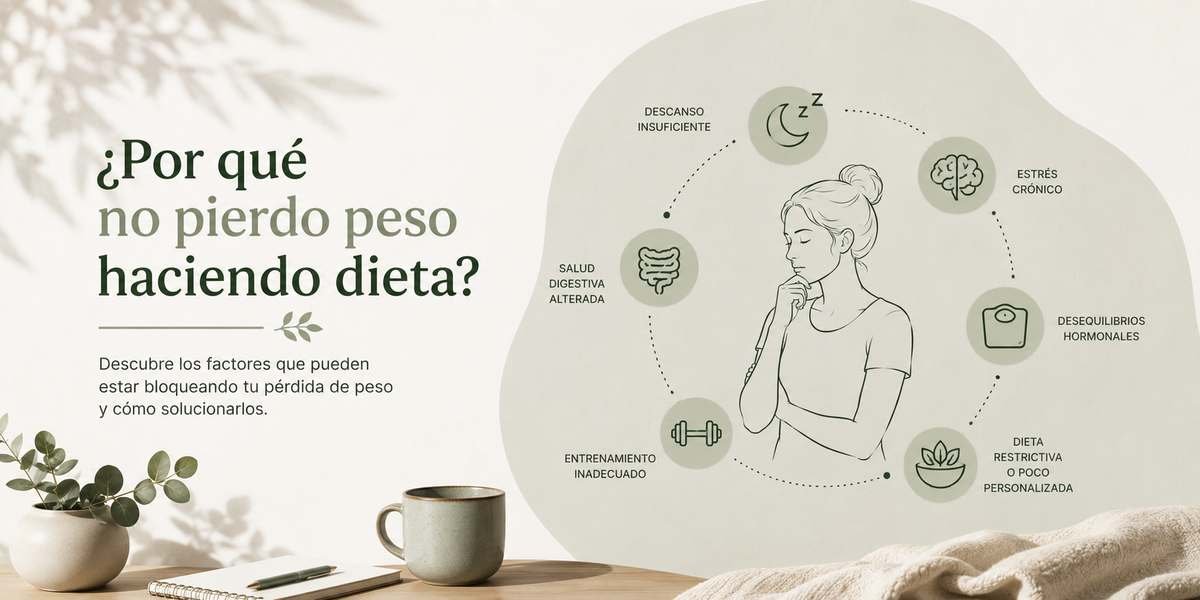 Ilustracion de una mujer pensativa rodeada de los factores que bloquean la perdida de peso: descanso, estres, hormonas y dieta restrictiva