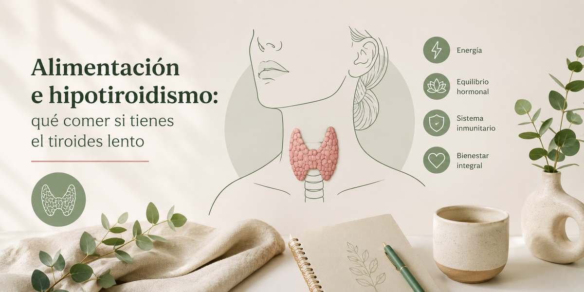 Ilustracion de la glandula tiroides junto a iconos de energia y equilibrio hormonal, con el titulo Alimentacion e hipotiroidismo