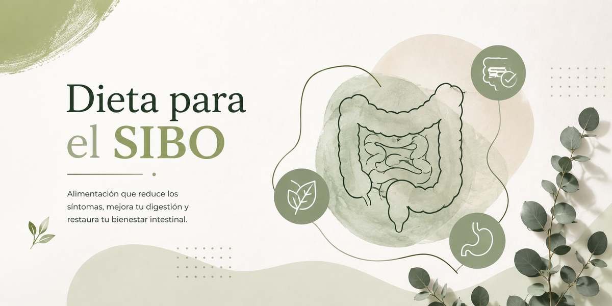 Ilustracion de un intestino sobre acuarela verde junto a hojas de eucalipto, con el titulo Dieta para el SIBO