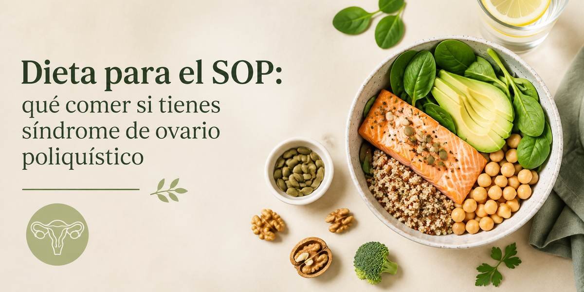Bol con salmon, quinoa, aguacate, espinacas y garbanzos, con el titulo Dieta para el SOP